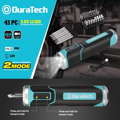 DURATECH 41PCS Cordless Electric Screwdriver Set LED Work Light 1500 mAh Battery