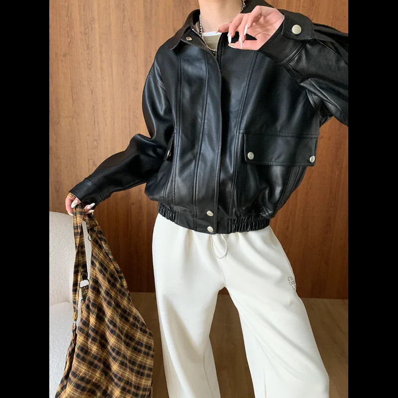 Women Oversized Black Leather Bomber Jacket Vintage 90s Handmade Coat Short S  L