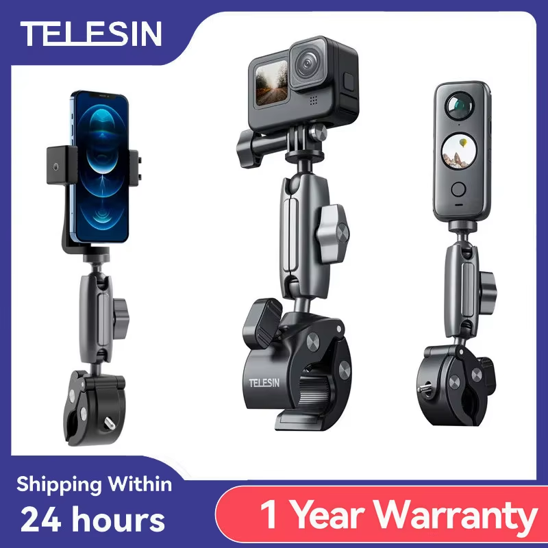 TELESIN Motorcycle Bicycle Rail Mount Clamp with 360 degree Ball Mount Clip For