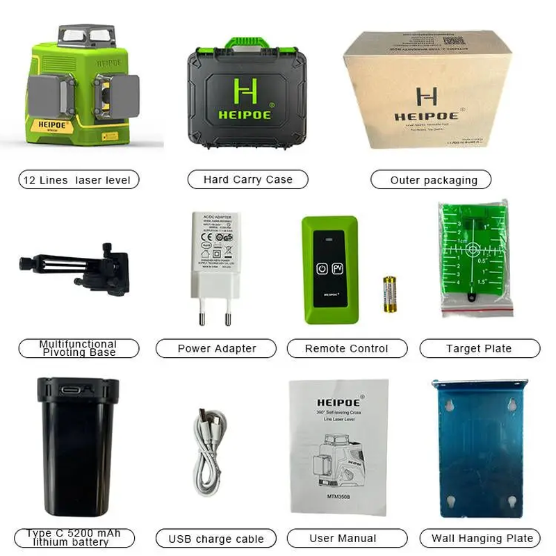 Heipoe 12 lines Green beam Self-leveling Vertical & Horizontal Laser Level with