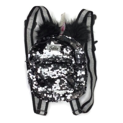 Justice  I Love Pandas   Shimmer Flip Sequin Mini Backpack W/ Pom Poms & Emojis