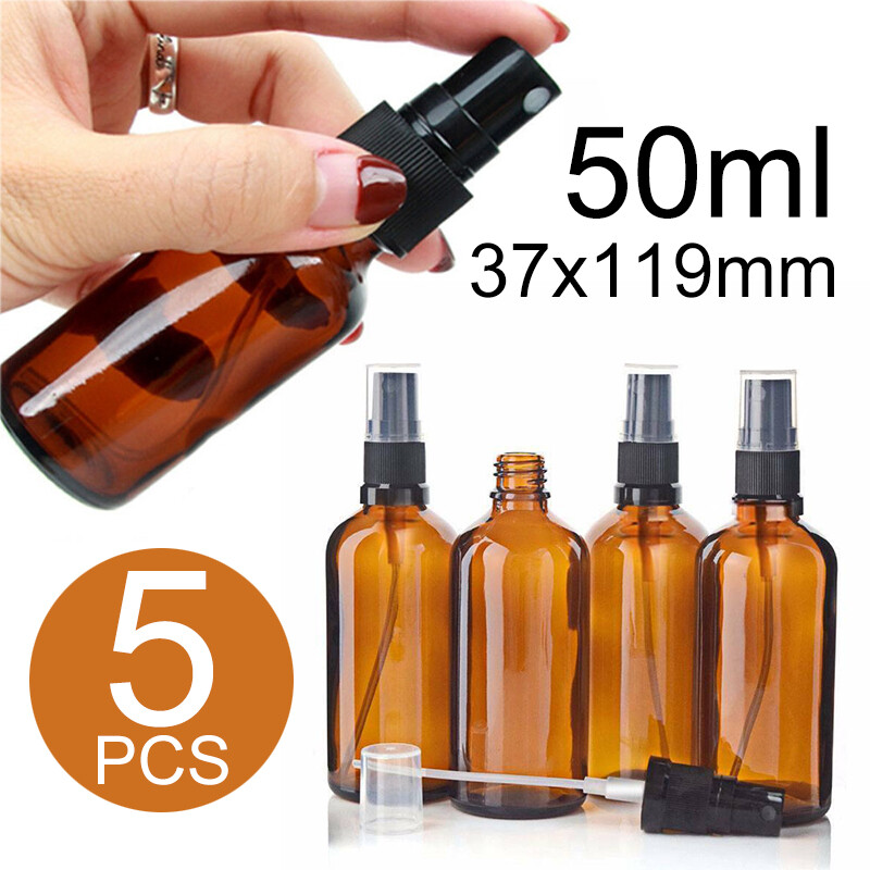 5pcs 50ml Spray Bottle Empty Amber Glass Essential Oil Water Sprayer Container +