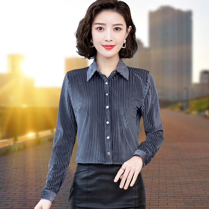 Donna Velluto a Coste Righe Camicia Bottoni Rétro Solido Ufficio Formale Top