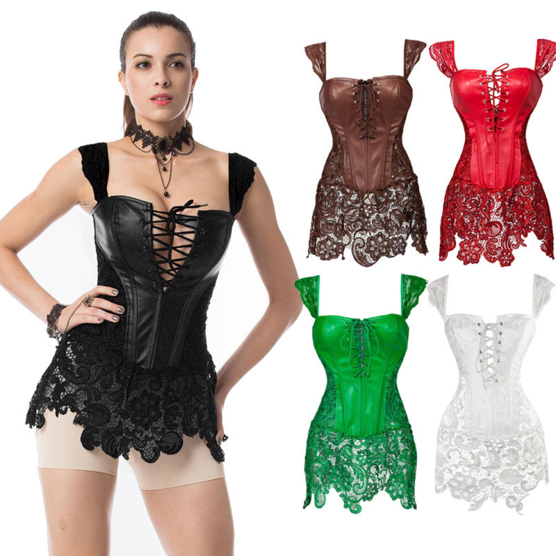 UK Women Faux Leather Lace Up Front Zipper Back Corset Goth Bustier Fancy Dress | eBay
