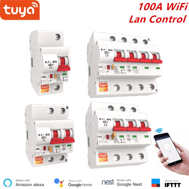 Tuya Smart WiFi Circuit Breaker 100A 1P/2P/3P/4P Smart Relay Automatic Switch Ov
