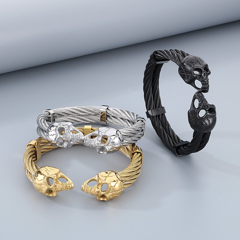 79g Stainless Steel Solid Wire Cuff Bangle Biker Skull End