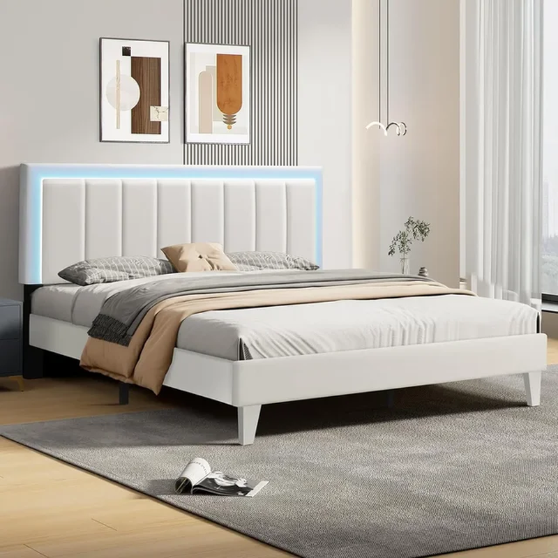 Sleek Bed Frame with Adjustable Headboard  Upholstered Faux Leather Wood Slat