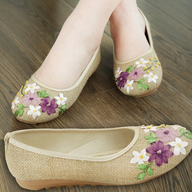 Etnico Donna Tacco Piatto Scarpe Ricamato Floreale Suola Morbida Slip On Comfort