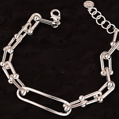 925 Sterling Silver Vintage U-Shape Unique Chain Bracelet Stylish Trendy Bangles