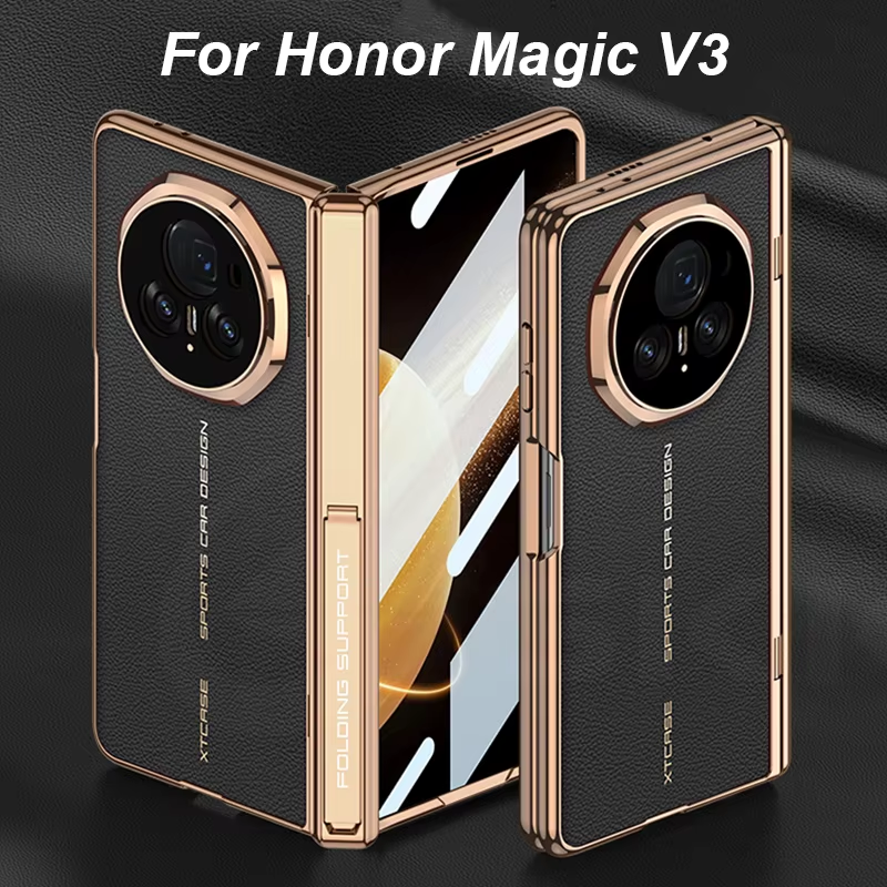 Luxury Plating Leather Screen Glass Case For Honor Magic V3 Magnetic Hinge Brack