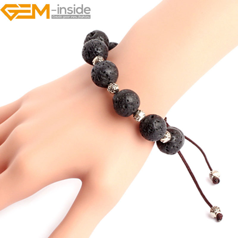 Natural Stone Black Volcanic Lava Sponge Beaded Enegry Stone Bracelet Women 7.5