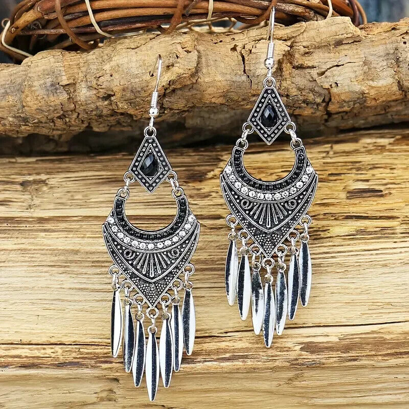 Boho Hook Earrings 925 Sterling Silver Vintage Style Tibetan Tibet Dangle Drop