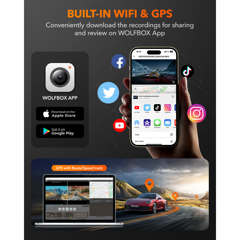 WOLFBOX Dual Dash Cam UHD 4K WIFI GPS Front Rear Car Dash Camera Night Vision