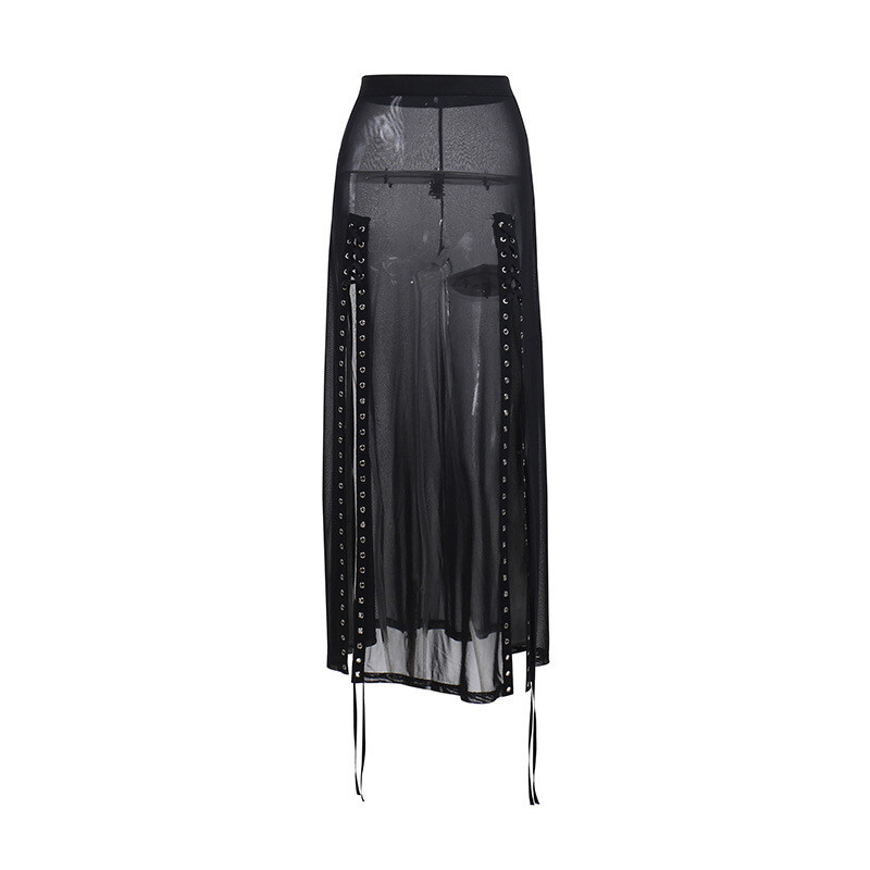 femme-fente-fendu-jupe-midi-extra-fin-maille-sexy-lacet-punk-gothique-club-noir