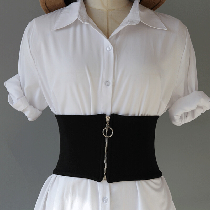 Women Elastic Wide Corset Belt Zip Waistband Cummerbund Obi Belt Stretchy Party