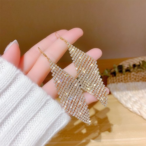 925 Sterling Silver Luxury Shine Bling Long Crystal Geometry Tassel Women 1295