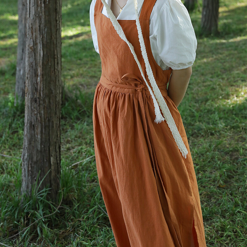 Ladies Wrap Apron Pinafore Dress Pleated Pockets Lace Up Workwear