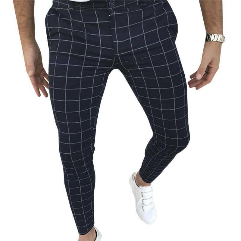 New Men Plaid Slim Fit Pencil Pants Formal Office Bottoms Casual Skinny Trousers