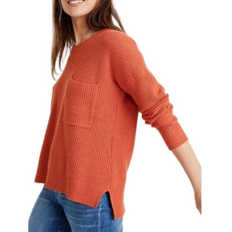 

MADEWELL Heather Lipstick Thompson Карманный пуловер вязаный свитер с круглым вырезом, Оранжевый