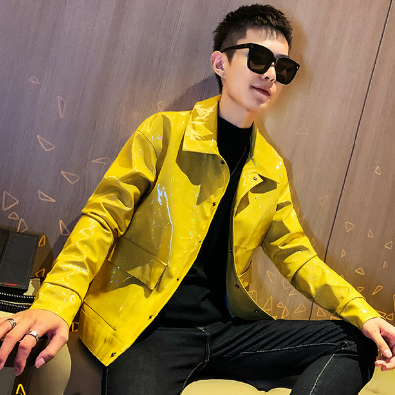 Men's Punk Glitter Wet Look Jacket Shiny Leather Coats