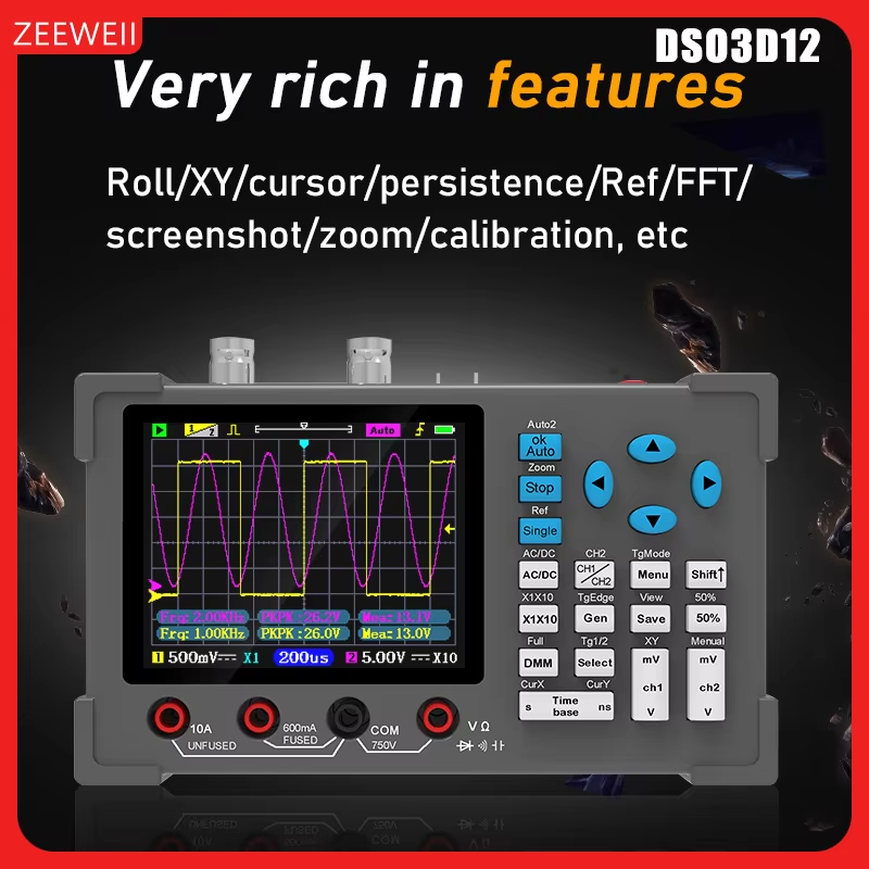 DSO3D12 3-In-1 Signal Generator 120M Bandwidth Dual Channel Multimeter, 250MSa/S