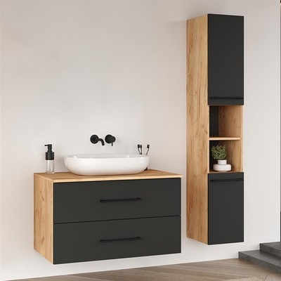 Planetmöbel Badmöbel Set LUX 90 cm mit Aufsatzwaschbecken und Hochschrank