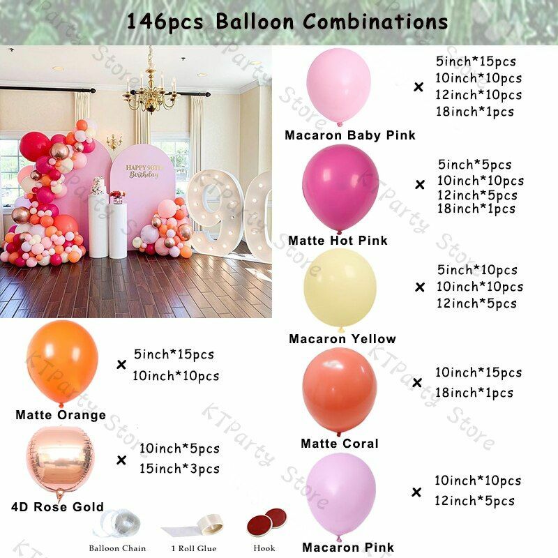 Diy Bebe Fille Ballon Anniversaire Decor 4d Dore Rose Mat Corail Couleurs 146pcs