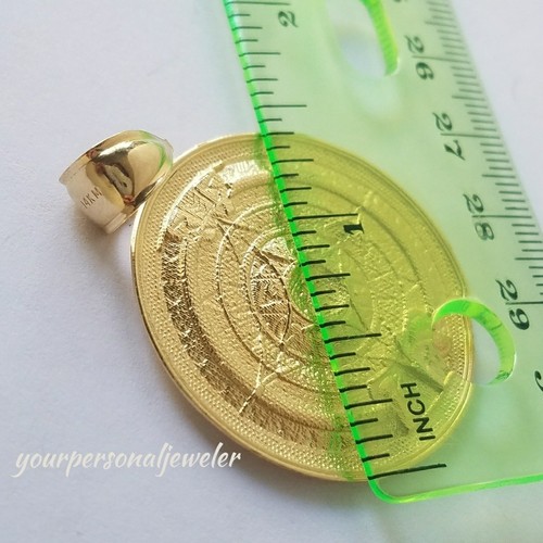 Pre-owned Handmade Larg Big Solid Real 14k Yellow Gold Aztec Sun Calendar Pendant Charm 1.90" Long
