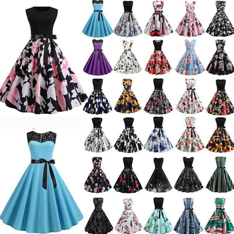 Damen 50er Vintage Jahre Midikleid Rockabilly Petticoat Hepburn Abend Partykleid
