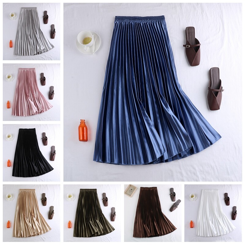 Brillant Femme Satin Faux Soie Jupe Haut Taille Élastique Midi