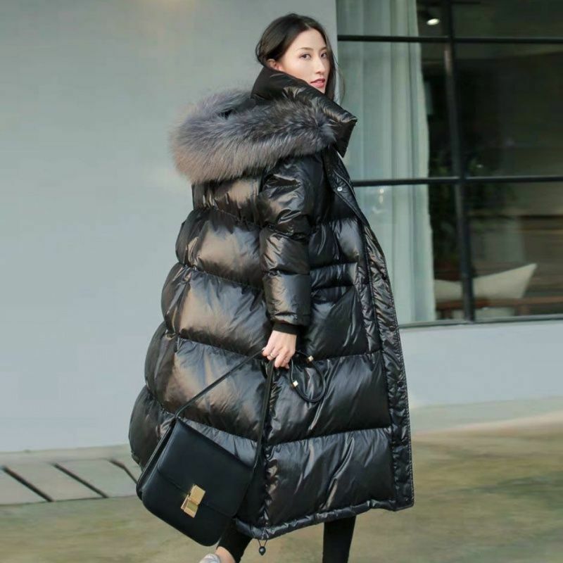 Women Shiny coat Down cotton jacket Ladies fur hooded Long puffer ...