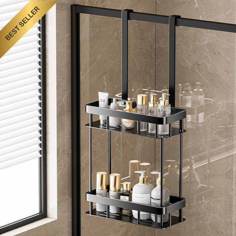 Over Shower Door Caddy, Rustproof Hanging Organizer with 2-Tier Rack and Hooks,