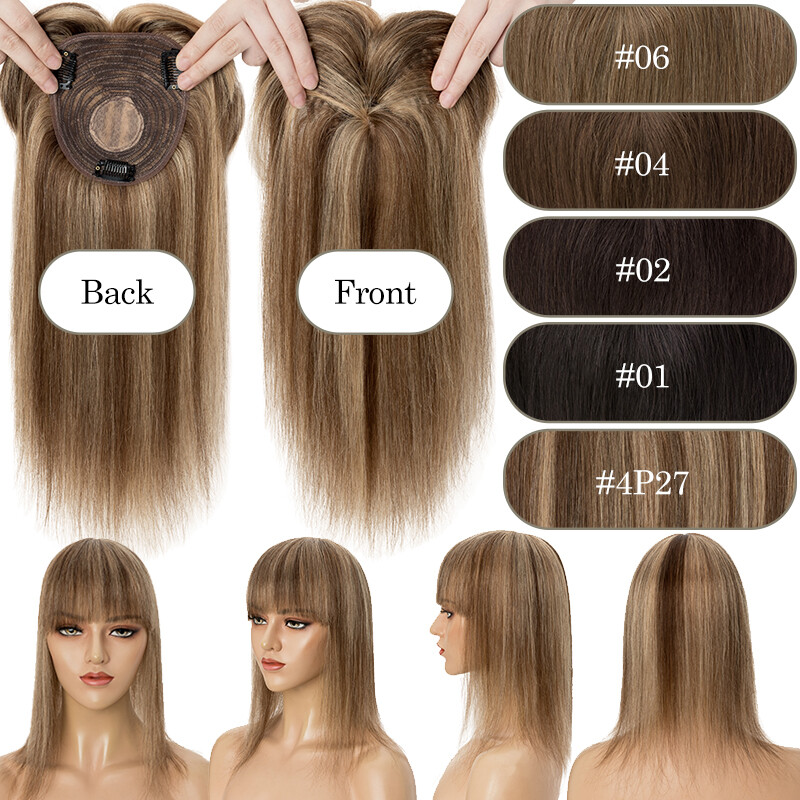 100% Remy Human Hair Topper Toupee Clip In Top Hairpiece with Bangs Mono Base