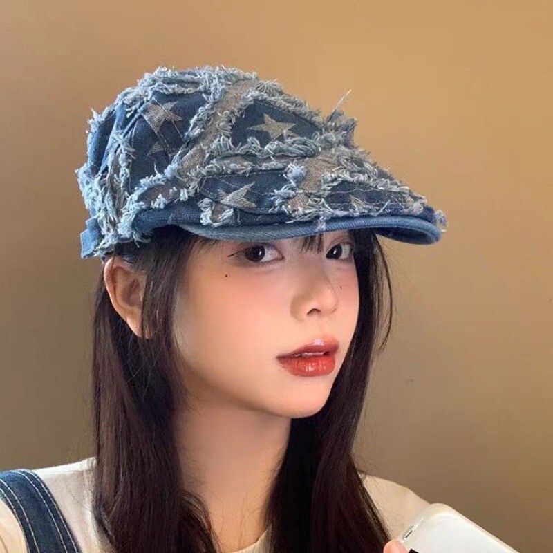 Lady Casual Beret Denim Hat Star Tassel Distressed Flat Cap Ivy Cabbie Driving