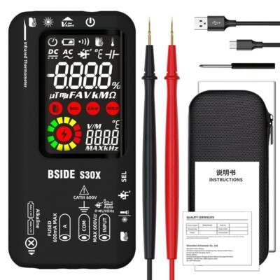 Multimeter V/A/Ω/Hz/F Live Wire Check Flashlight Li-Battery IR Thermometer 2in1