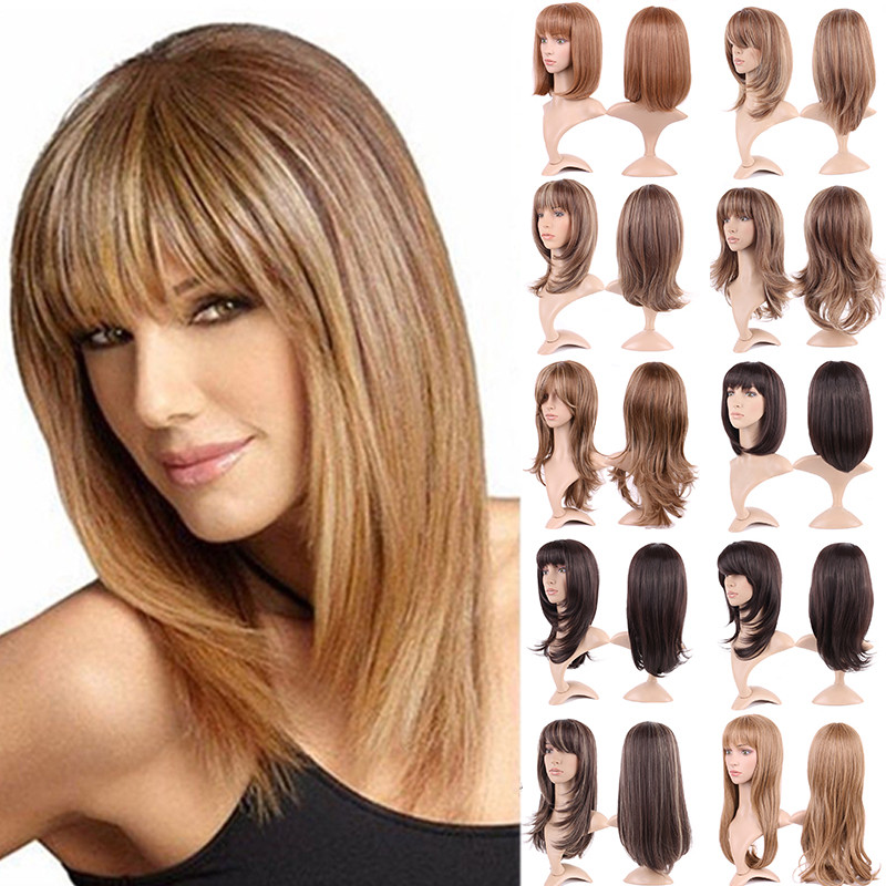 Full Hair Wig With Bangs Long Curly Straight Wavy Women Party Wigs