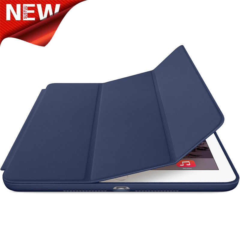Für iPad Air 2 Echt Leder Smart Case Cover Slim Wake Dunkelblau Hülle Cover