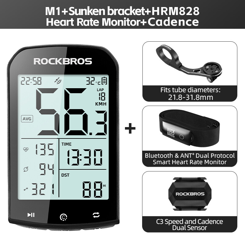 ROCKBROS Bike Wireless Computer GPS Heart Rate Monitor ANT+ Smart Speedometer