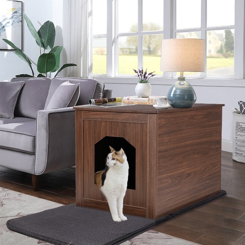 Washroom Cat House Side Table Cabinet W/ Magnetic Door & Mat