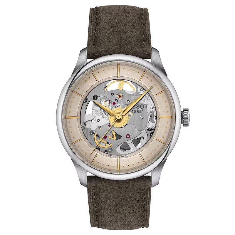 Pre-owned Tissot Chemin Des Tourelles 39mm Skeleton Green Strap Men's Watch T1398361626100