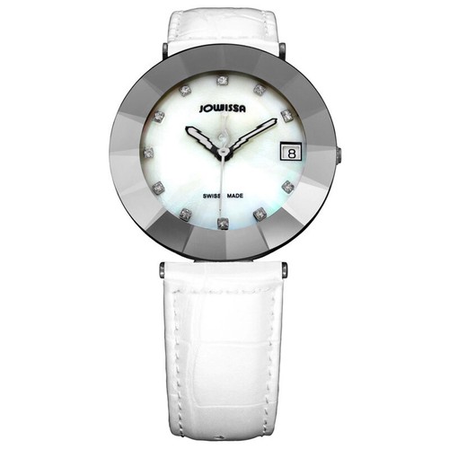 Pre-owned Jowissa Women's J5.201.xl Pyramid Steel Mother-of-pearl Dial White Leather Watch