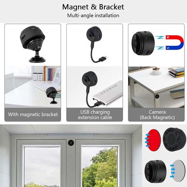 Versatile magnetic camera with bracket installation options.