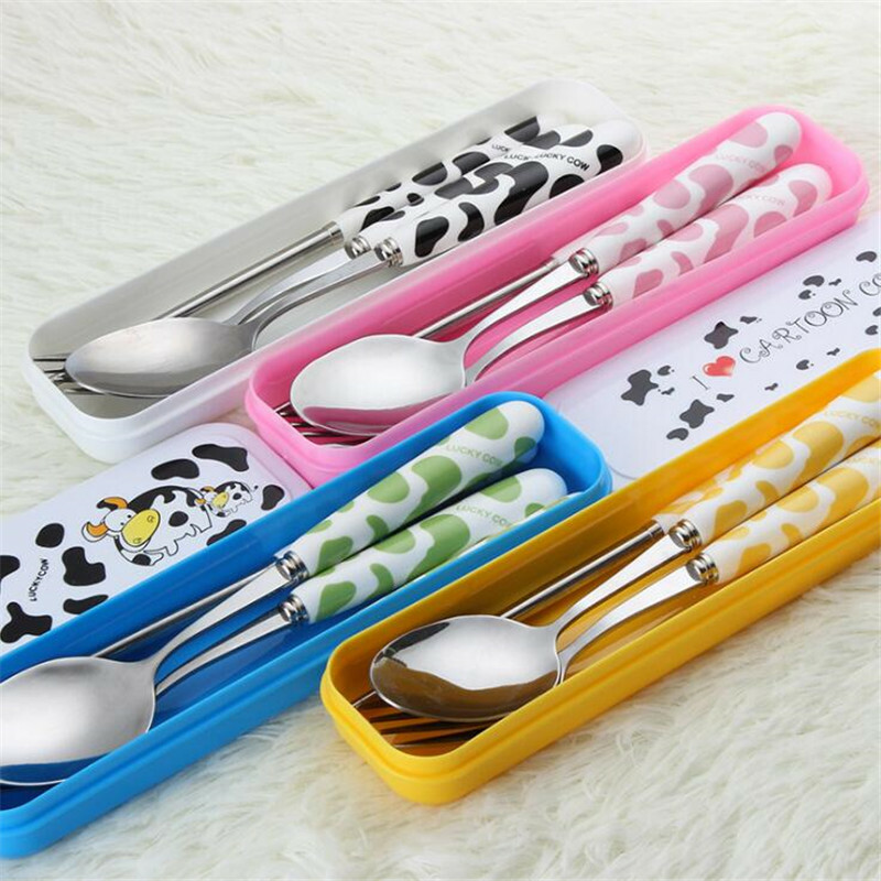 Portable Travel Spoon Tableware Cow Design Ceramic Handle Dinnerware YS