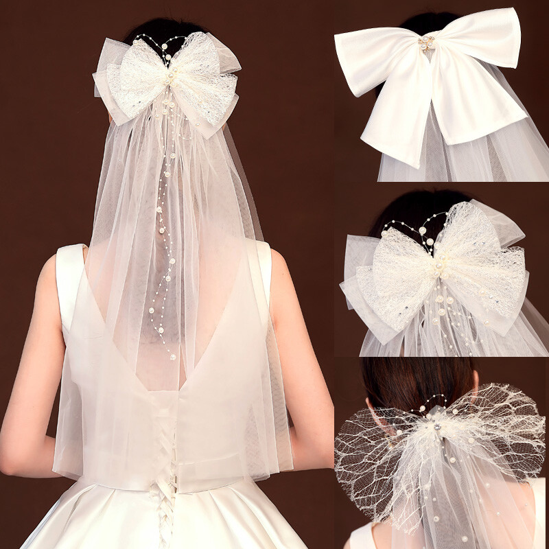 Voilette De Mariage Courte En Dentelle Résille, Nœud En Perles Pour Cheveux