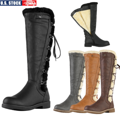 Women Lace Up Riding Boots Faux Fur Lined Zip Up Winter Knee High Boots US Size