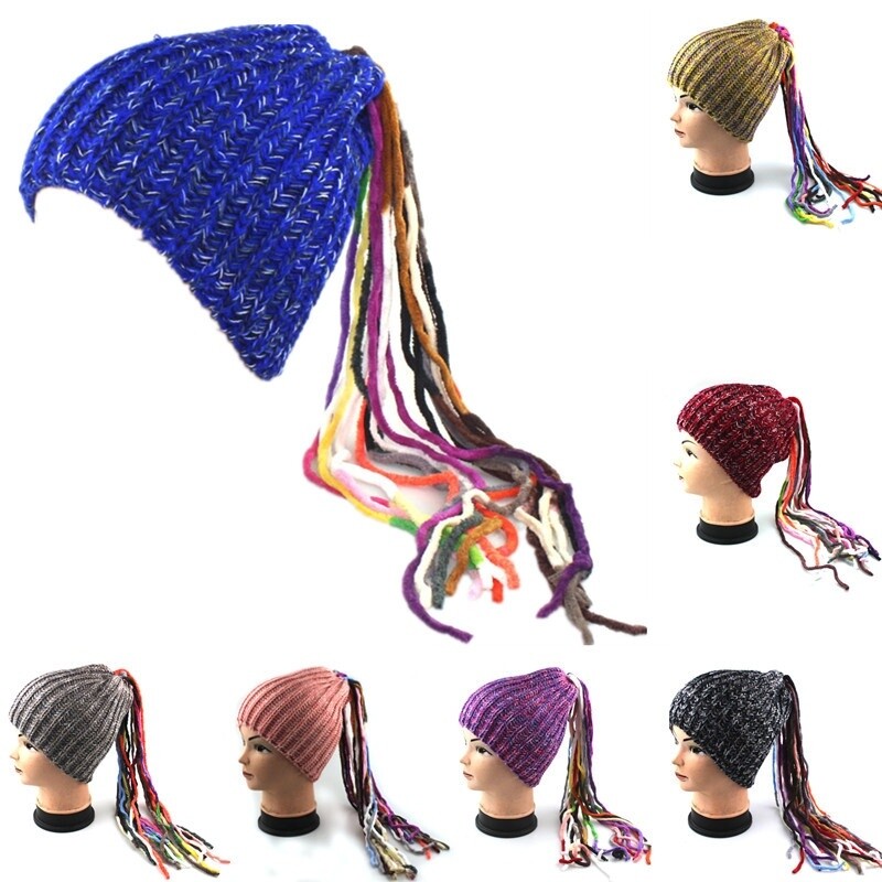 Women Knitted Hat Skullcap Colored Wig Ponytail Wool Cap Elastic Warm Winter