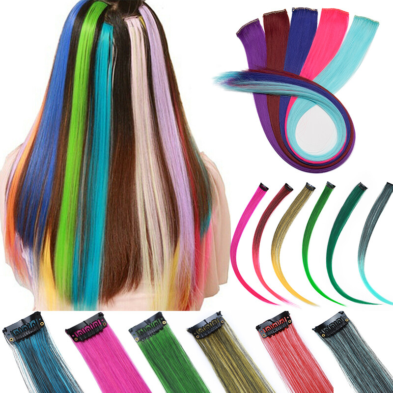 Festival 10 Strands Highlight Hair Piece Streaks Clip In Hair Extensions Rainbow