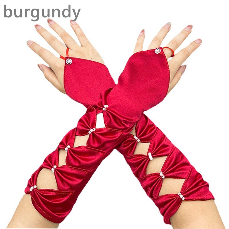 Lady Gloves Fingerless Stretch Hollow Beaded Bowknot Bridal Fairy Wedding Party