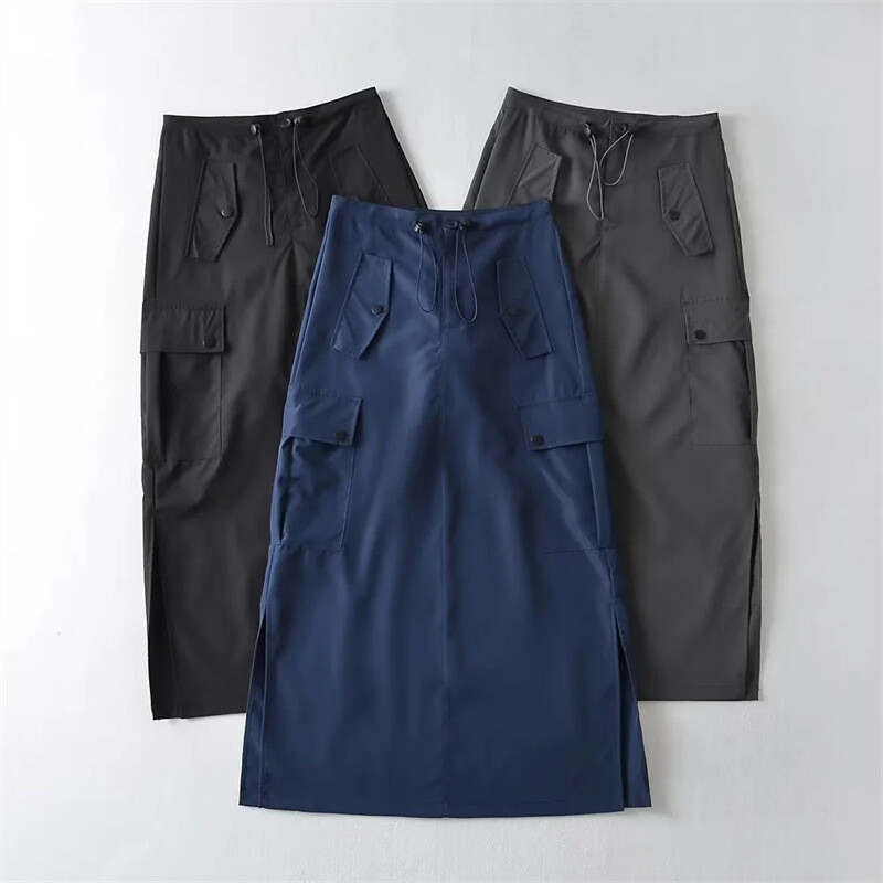 Women Cargo Skirts Drawstring Waist Midi Side Slit Pocket A-line High Waist