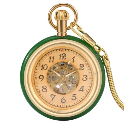 Men's Vintage Mechanical Pocket Watch Automatic Green Jade Case Fob Snake Chain